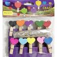 Clips wooden with 'HEART' decoration 10pcs with 2m hemp rope