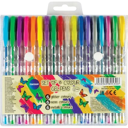 Set of 18 colours gel pens 6 METALLIC, 6 GLITTER, 6 NEON 1.0mm