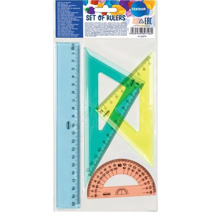 Set: 20cm ruler, 2 triangle rulers, protractor ruler