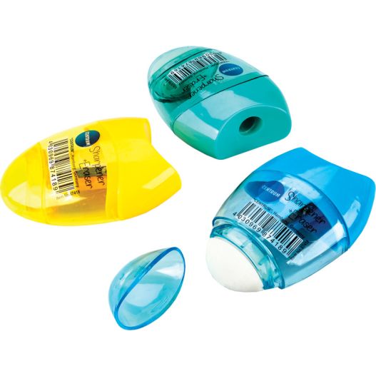 Plastic sharpener with dust container and eraser 