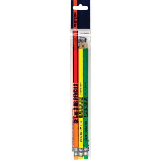 Set of 3 pencils HB sharpened, round shape, with eraser, plastic