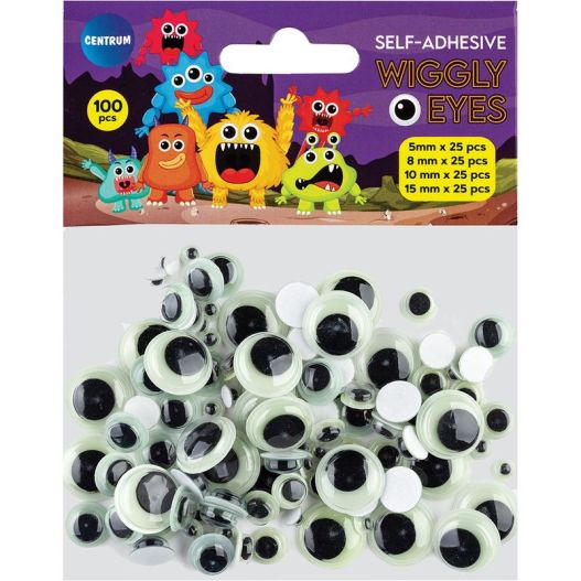 Adhesive Wiggly Eyes 100pcs black, glows in the dark