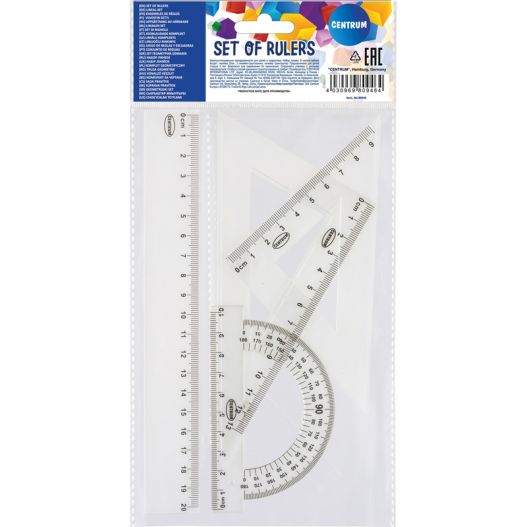 Set: 20cm ruler, 2 triangle rulers, protractor ruler