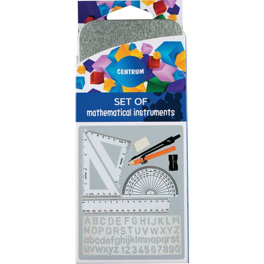 Rasēšanas komplekts (cirkulis, zīmulis, dzēšgumija, zīmuļu asināmais, transportieris, trīsstūris, lineāls)